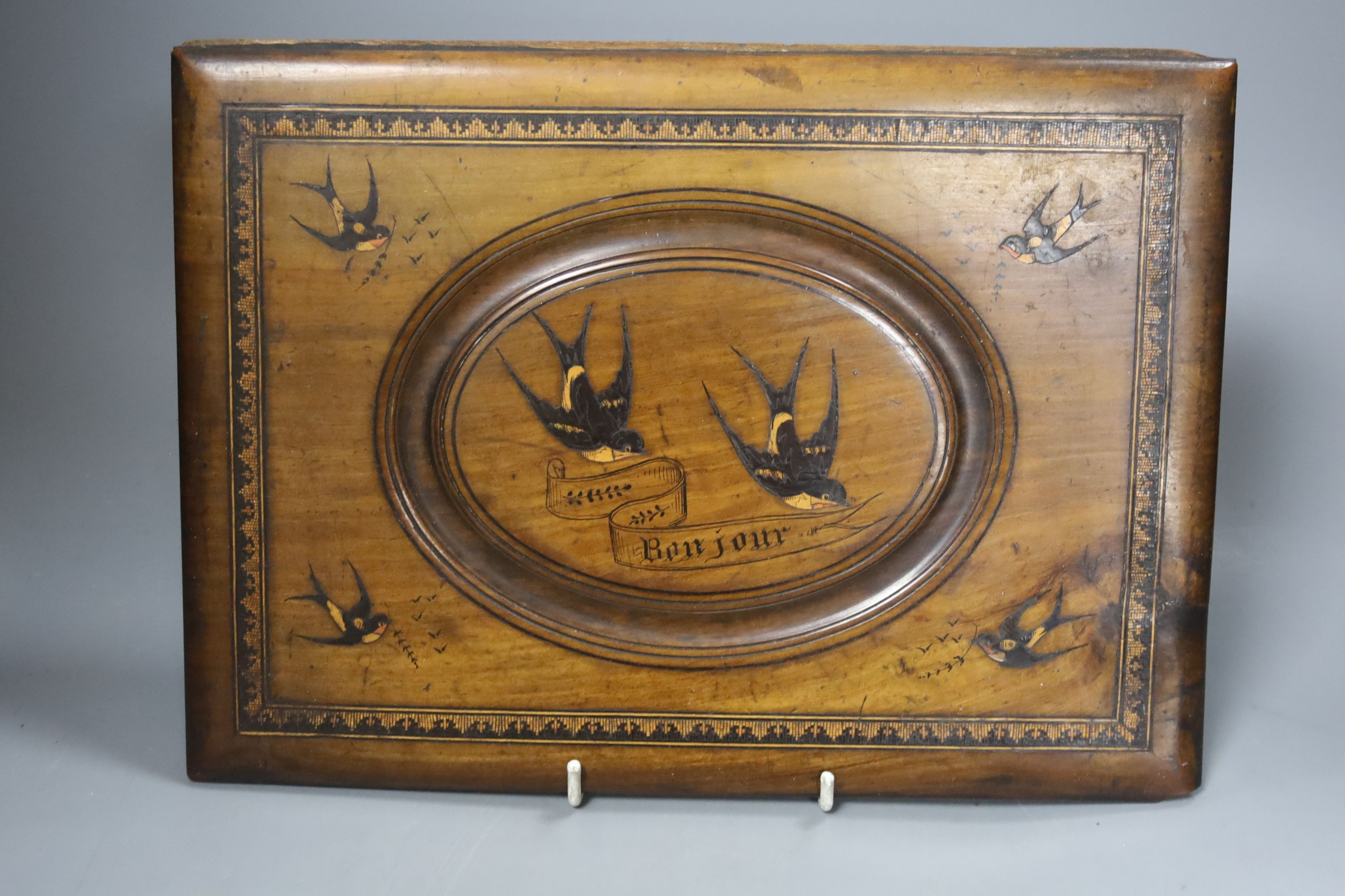 An olive wood blotter pad, 30cm two cased packs cards